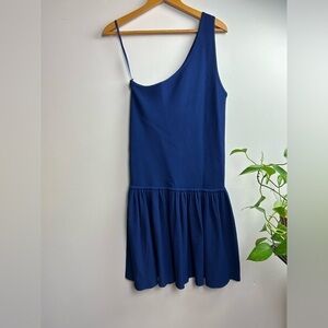 NWT BCBGMAXAZRIA Blue Depth Aleshia One shoulder Flare Hem Mid Dress Size L